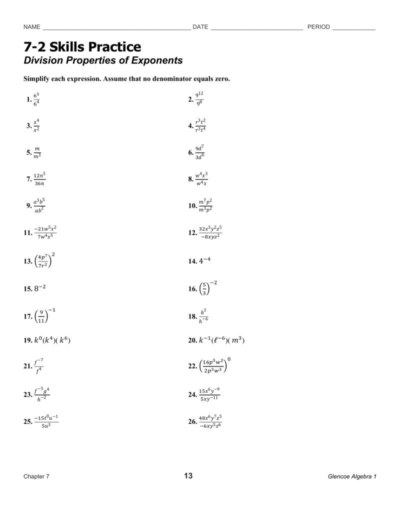 7 2 Practice Division Properties Of Exponents Answers Gregory 