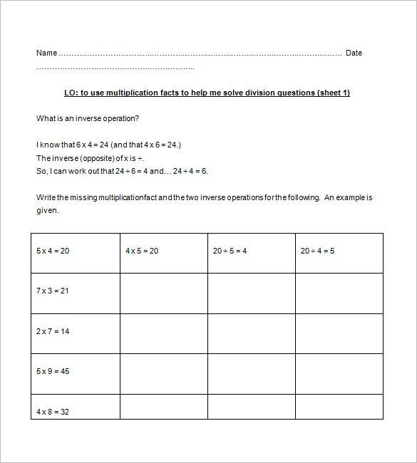 9 Multiplication And Division Worksheet Templates Samples PDF 