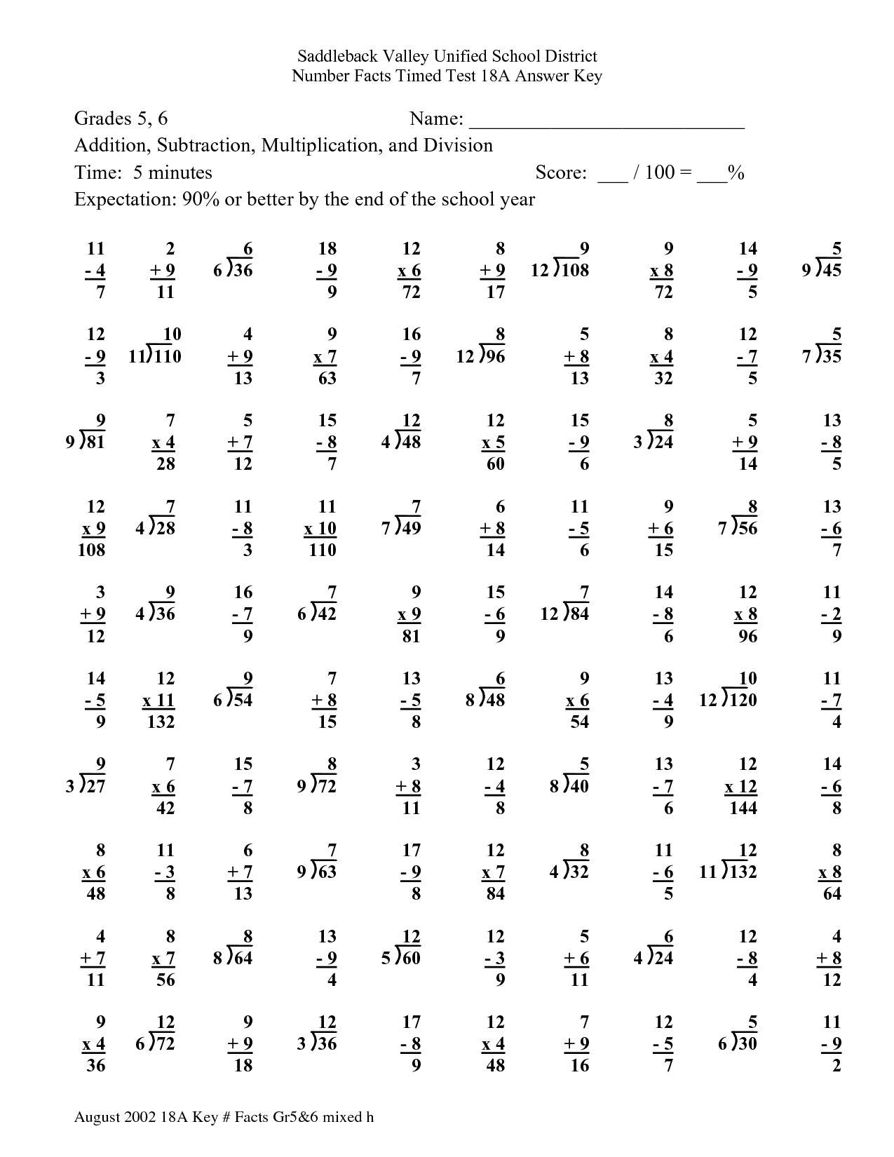 Addition Subtraction Multiplication And Division Math Facts With Answers