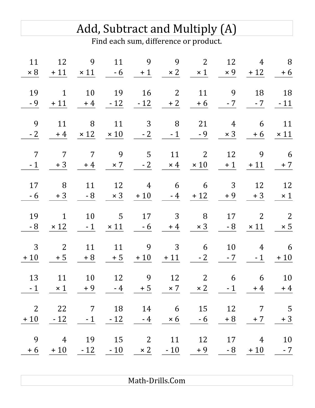 Addition Subtraction Multiplication And Division Worksheets For Grade 6