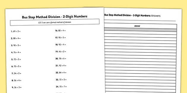 Bus Stop Method Formal Division Of 2 Digit Numbers Activity