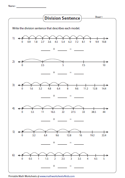 Decimal Division Using Number Lines Worksheets