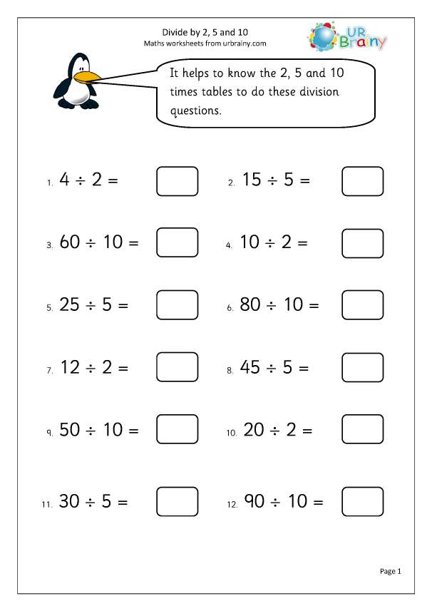 Divide By 2 5 And 10 Division Maths Worksheets For Year 2 age 6 7 