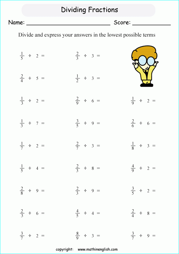 Divide Fractions By Whole Numbers Math Worksheet For Grade 5 Free