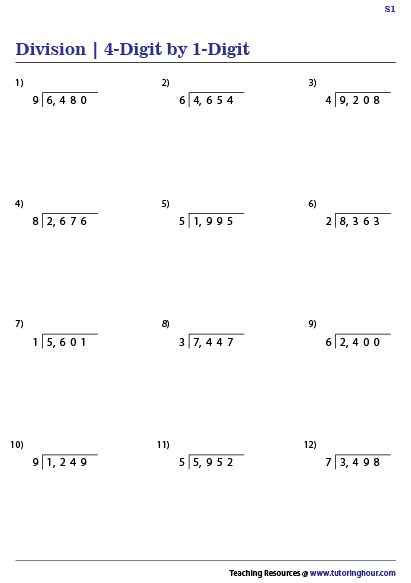 Dividing 4 Digit By 1 Digit Whole Numbers Worksheets Division