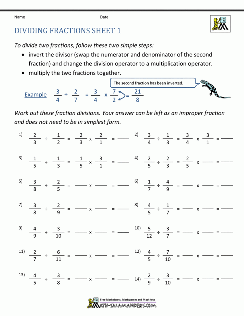 Dividing Fractions Worksheet