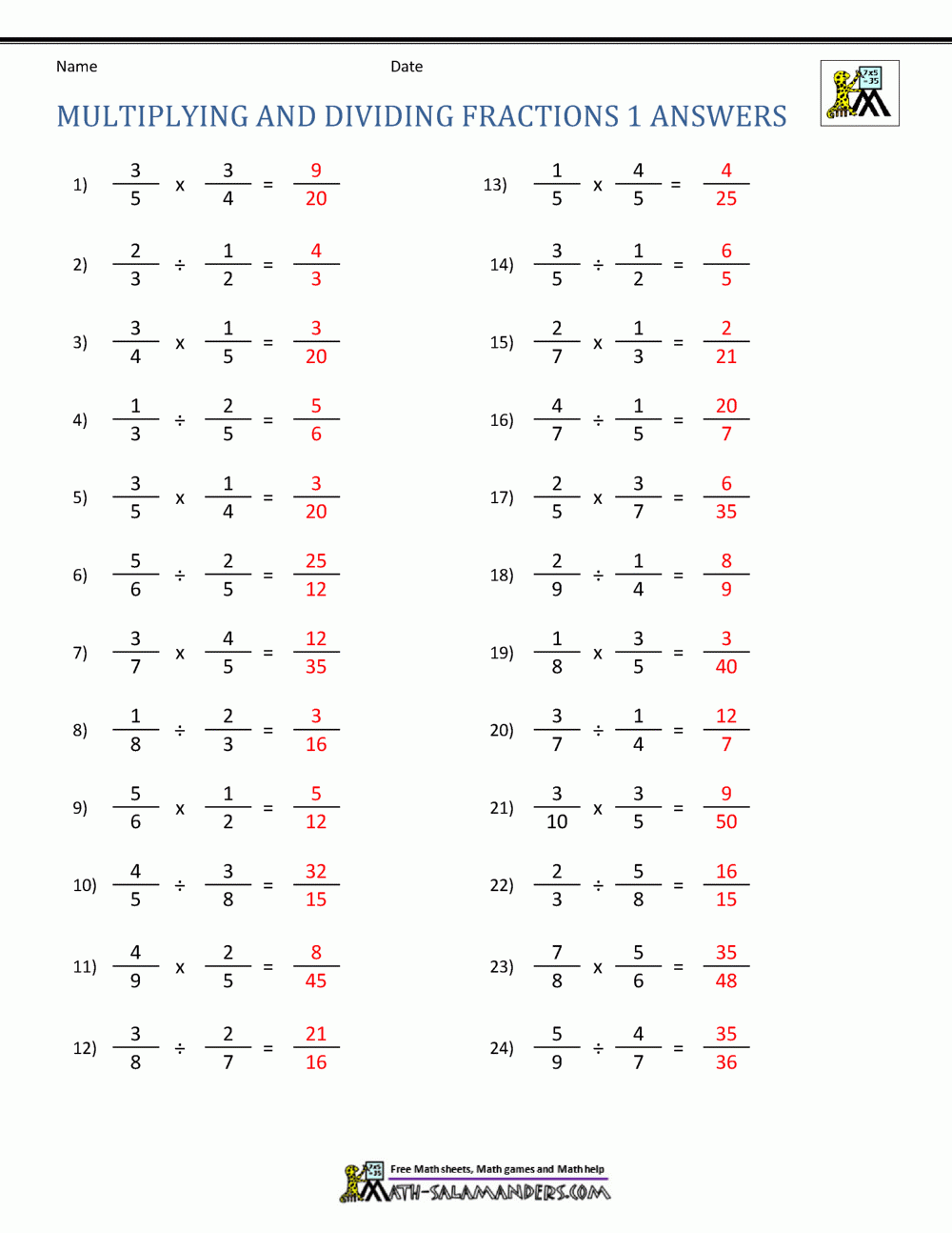 Dividing Fractions Worksheet