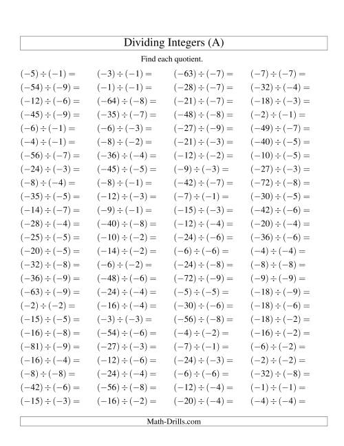 Dividing Integers Negative Divided By A Negative Range 9 To 9 A 