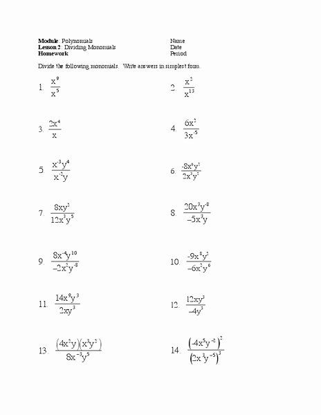 Dividing Polynomials By Monomials Worksheet