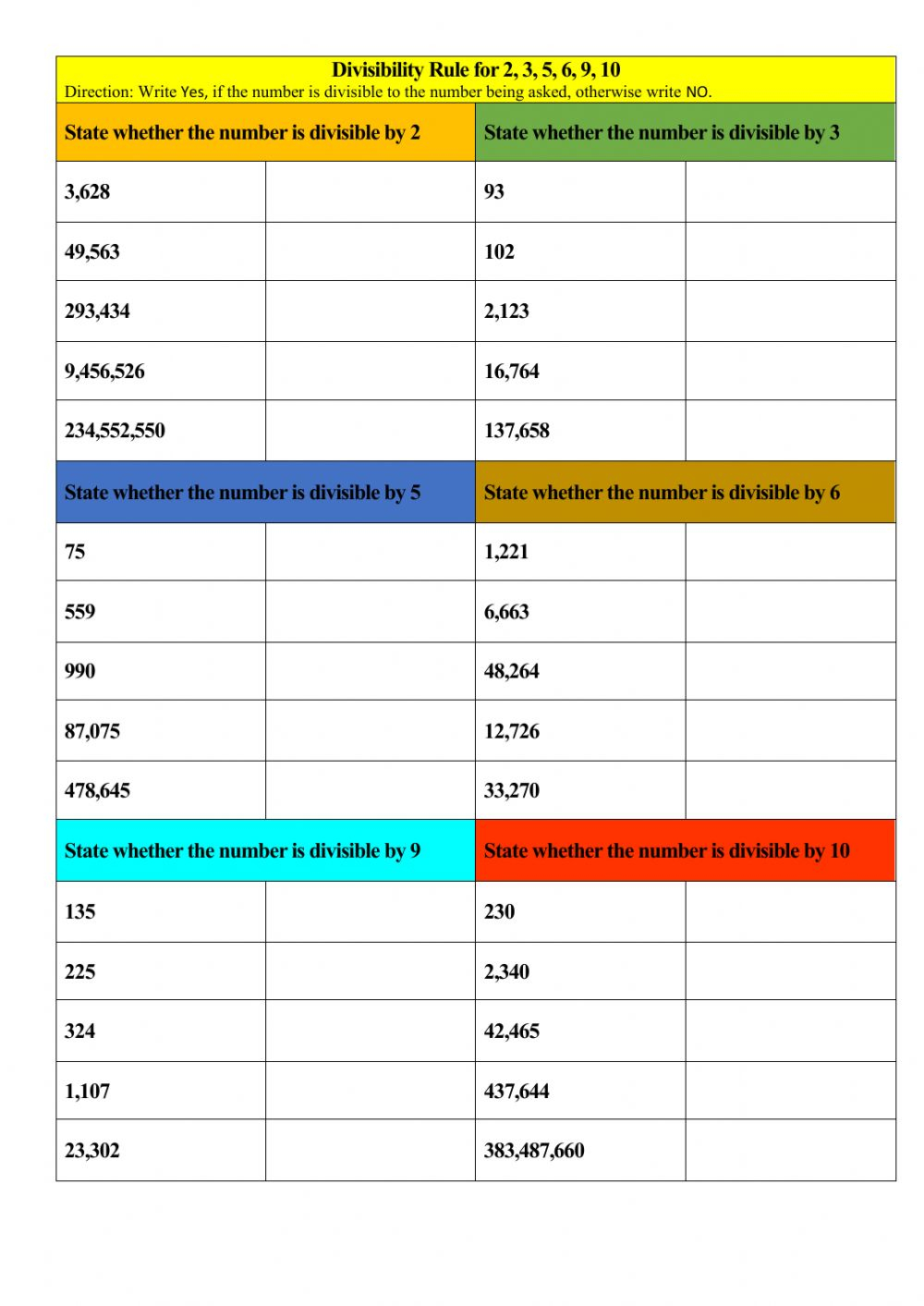 Divisibility 2 3 5 6 9 10 Worksheet