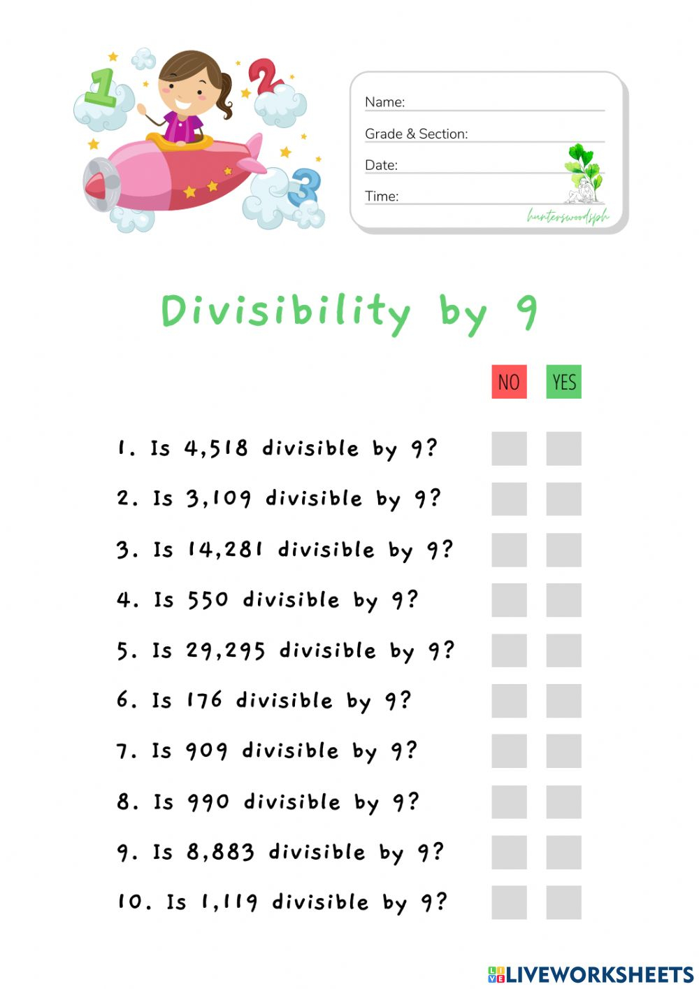 Divisibility By 9 HuntersWoodsPH Math Worksheet