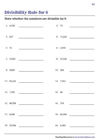 Divisibility Rule For 6 Worksheets