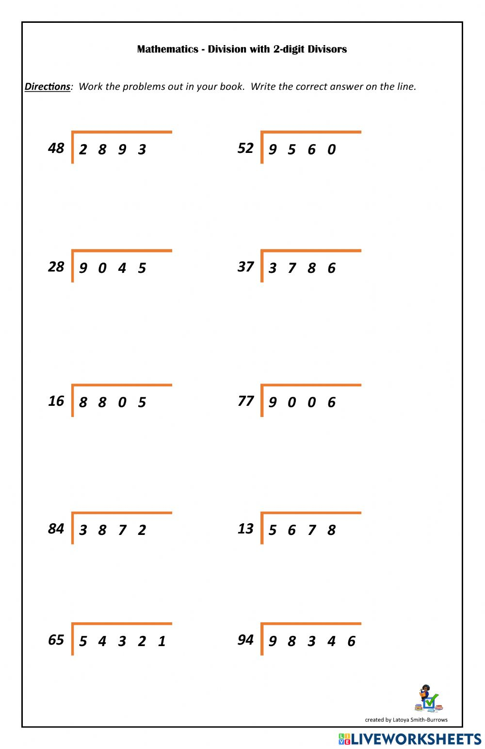 Division By 2 digit Divisors Worksheet