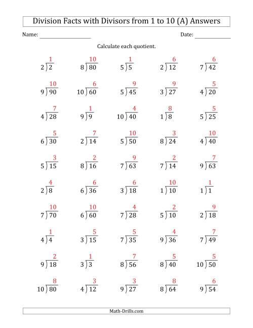 Division Facts With Divisors And Quotients From 1 To 10 With Long 