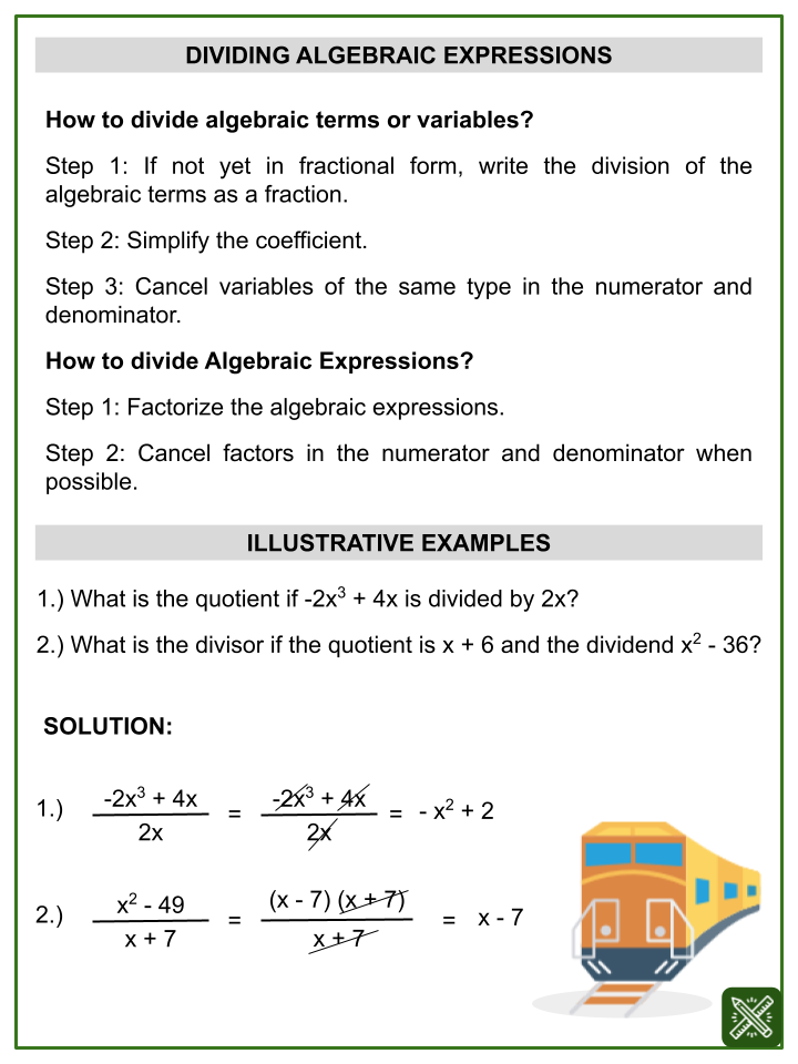 Division Of Algebraic Expressions Themed Math Worksheets