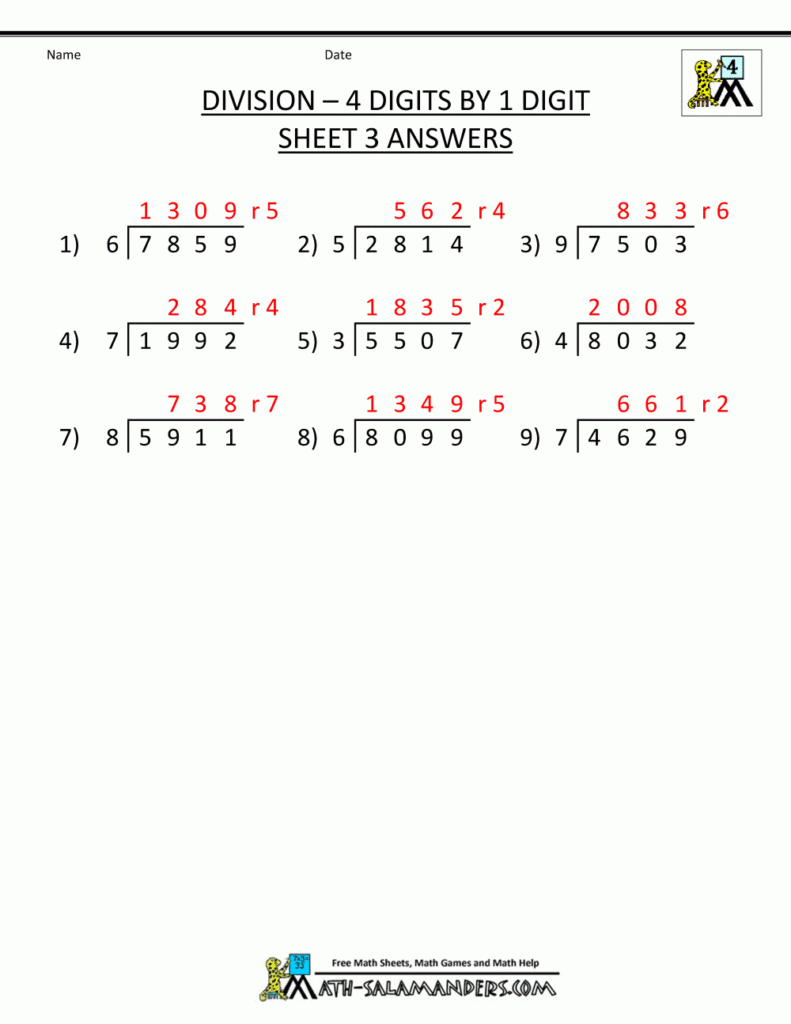 Division Without Remainders Division Worksheets 4 Digit By 1 Digit 