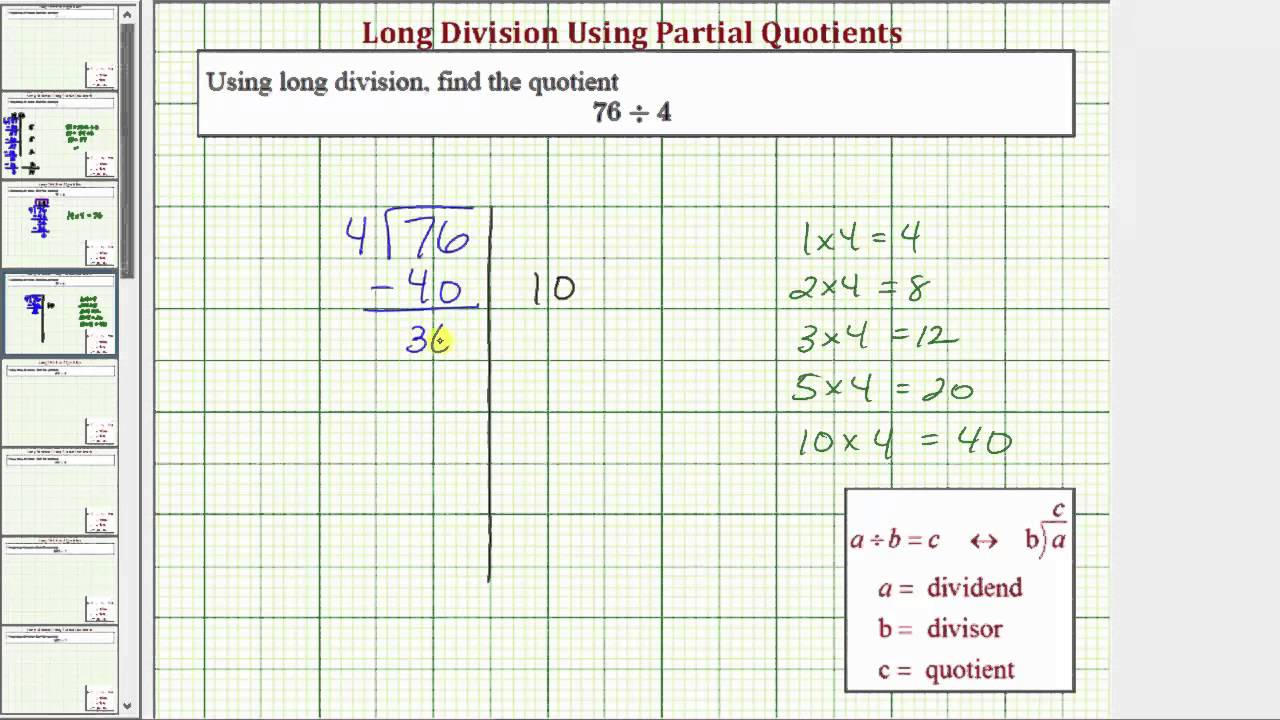 Ex Division Using Partial Quotient Two Digit Divided By One Digit