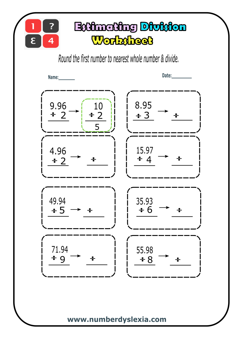 Free Printable Estimating Division Worksheets PDF Number Dyslexia