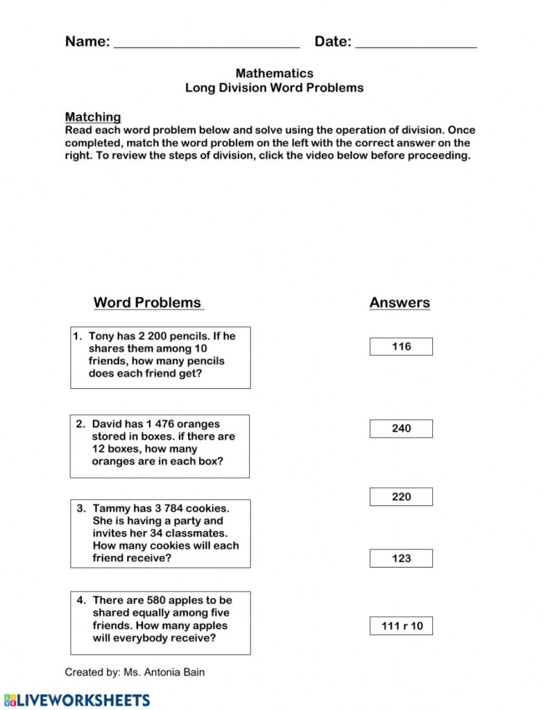 Long Division Word Problems Worksheet