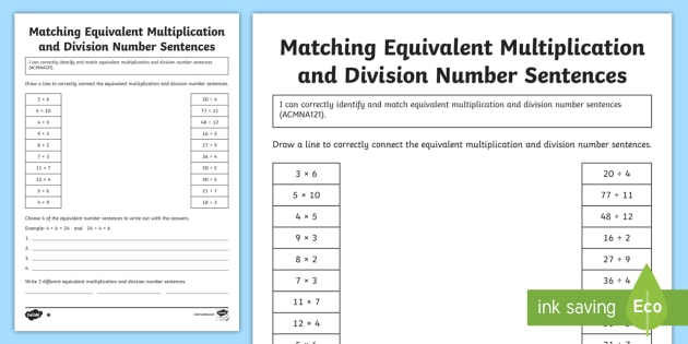 Matching Equivalent Multiplication And Division Number Sentences