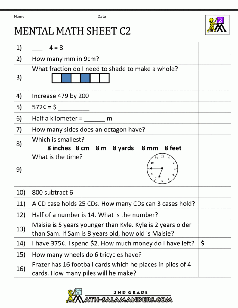 Mental Math Worksheet 2nd Grade