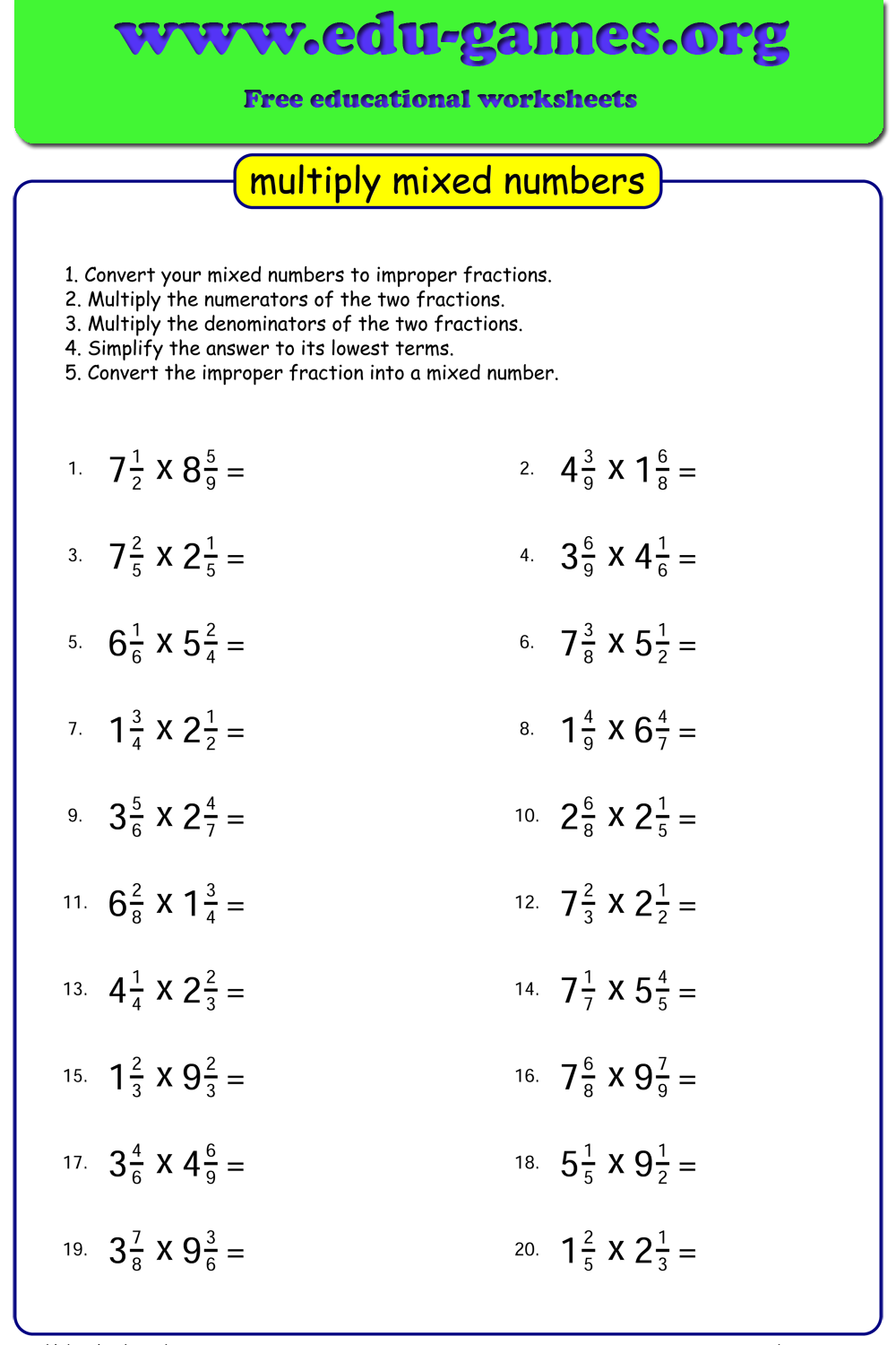 Mixed Numbers As Improper Fractions Mathematics Worksheets 4th Grade 