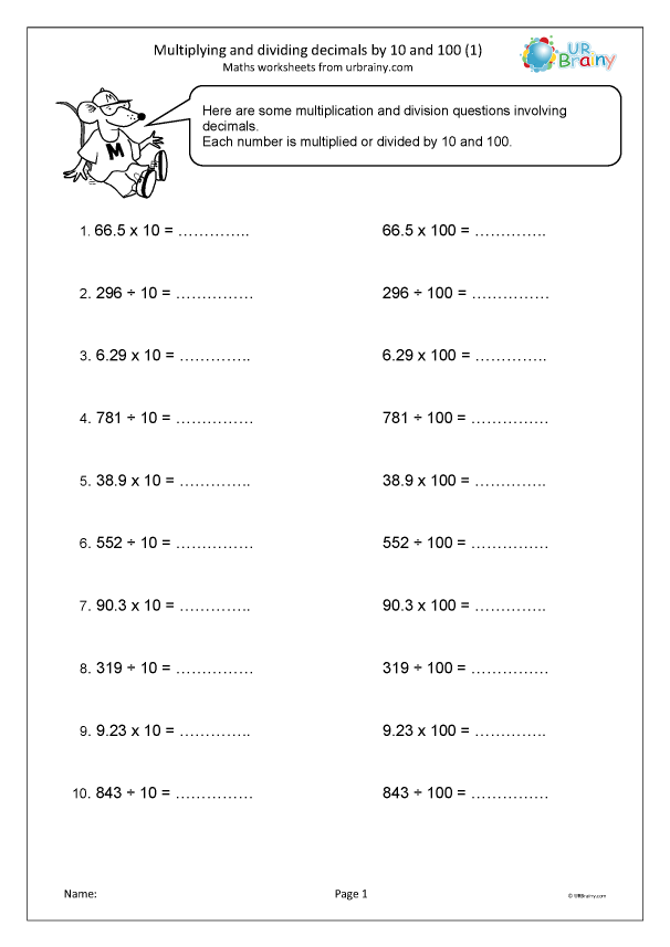 Multiplying And Dividing Decimals By 10 And 100 1 Fraction And