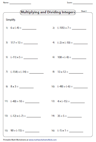 Multiplying And Dividing Integers Worksheets