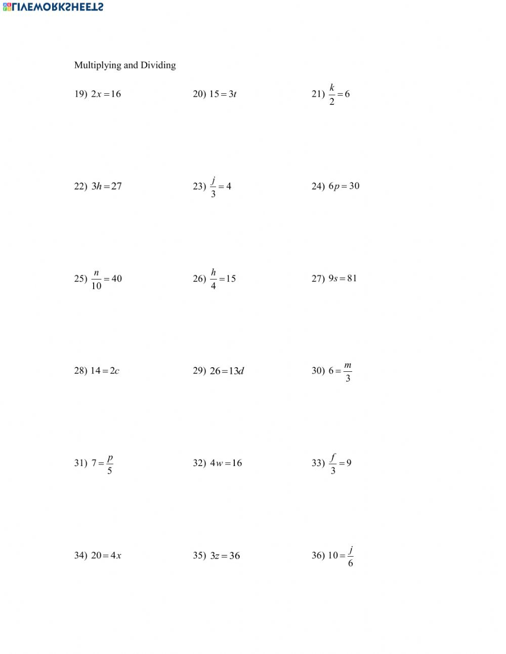 One Step Equations With Multiplication And Division Worksheet Times