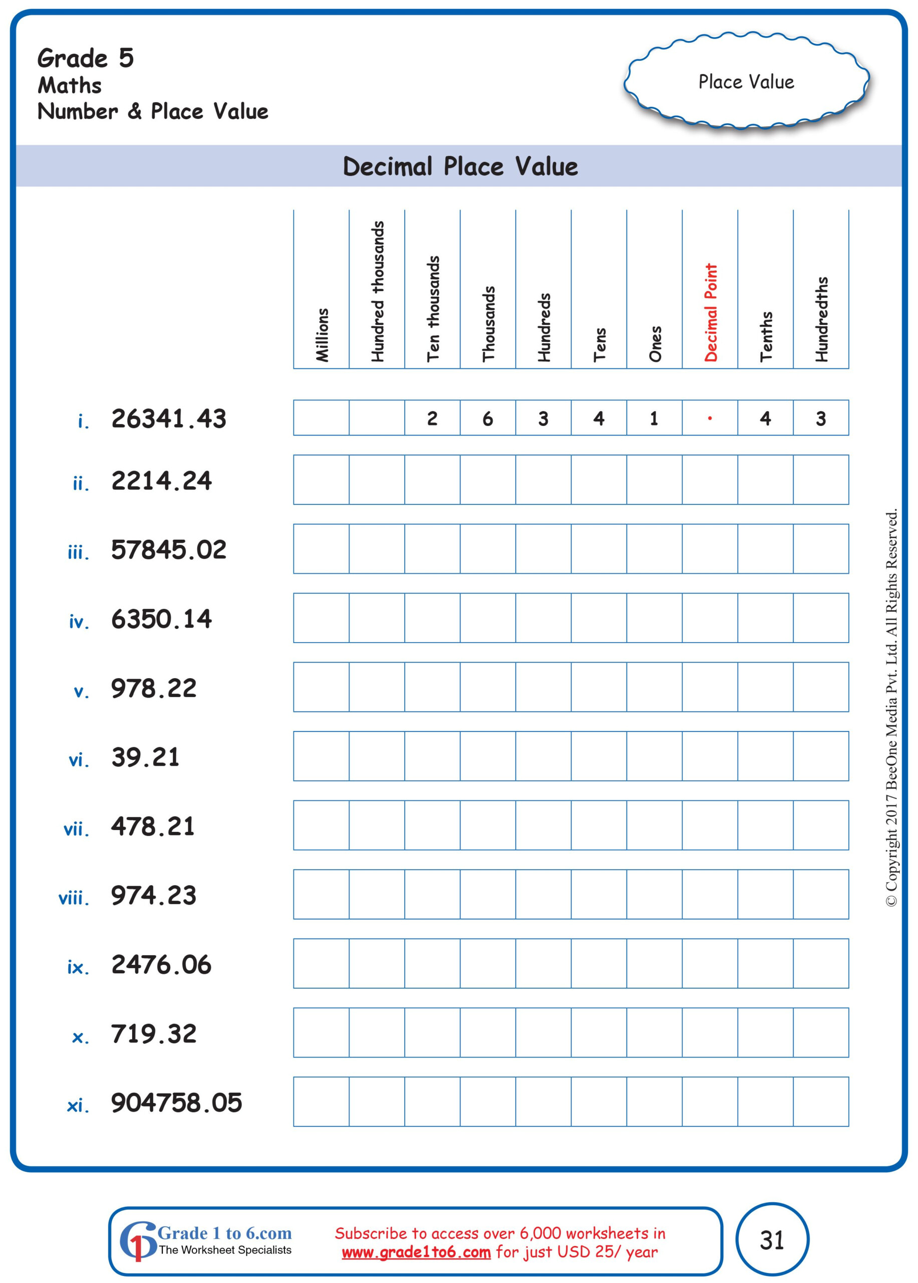 Place Value With Decimals Worksheets 5th Grade Math Worksheets Grade 3