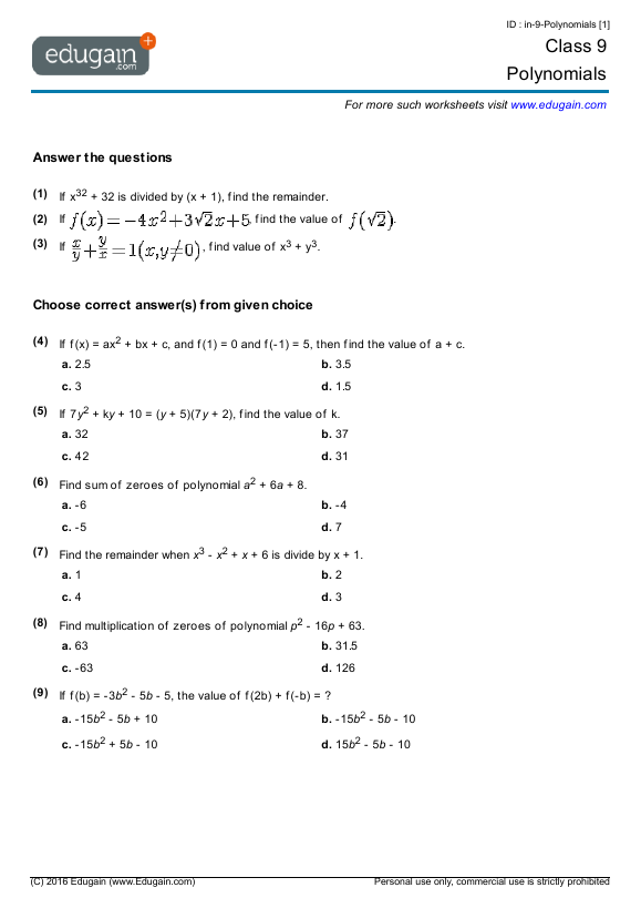 Polynomial Division Questions Class 9 Universal Worksheet