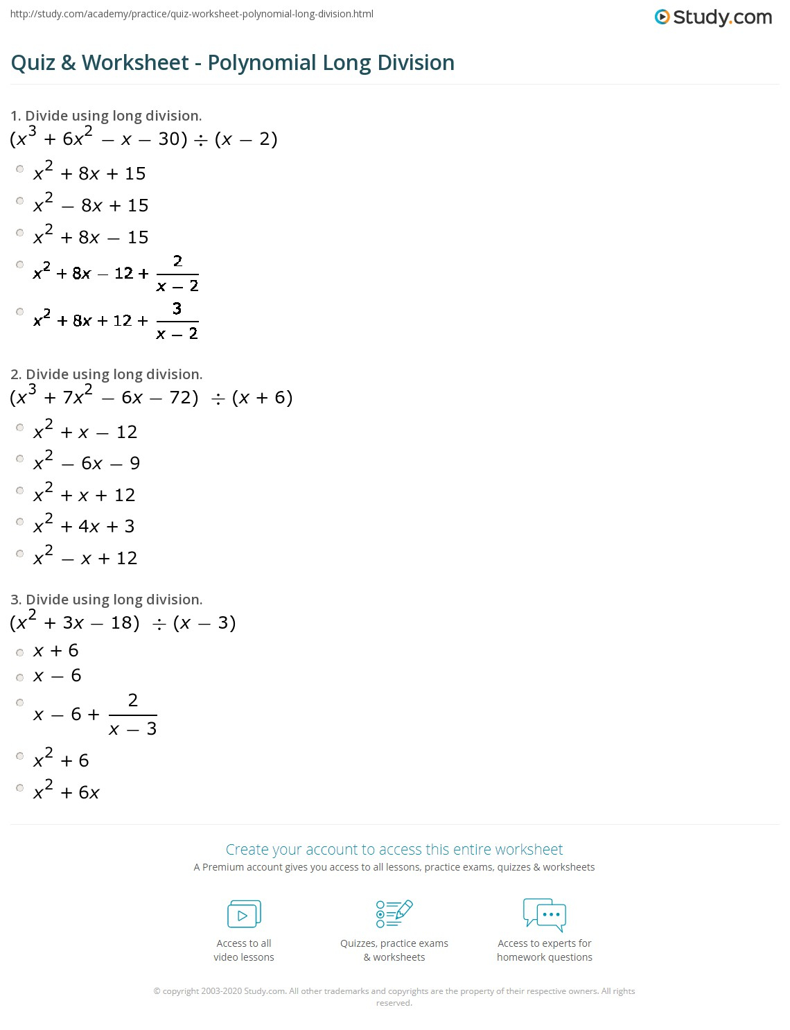 Polynomial Long Division Multiple Choice Worksheet Charles Lanier s 