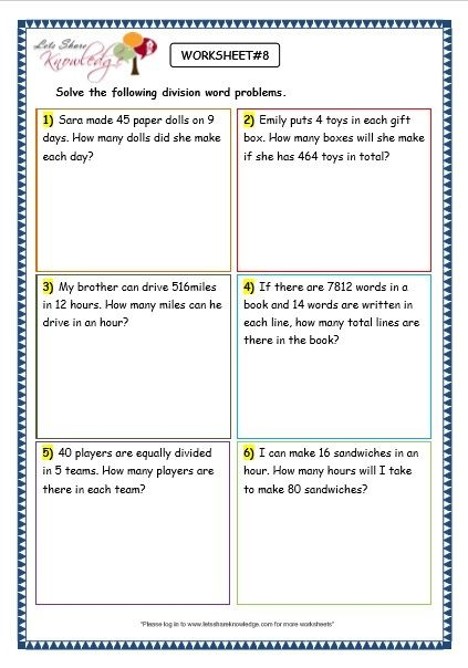 Printable 3rd Grade Math Worksheets Division Word Problems Learning 