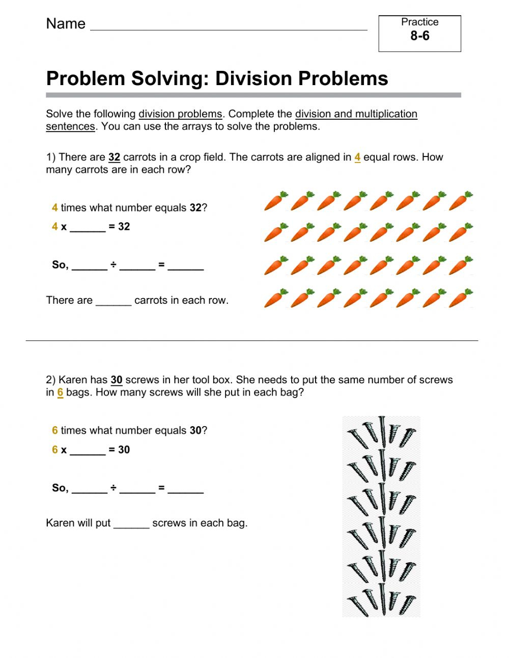 Problem Solving With Division Interactive Worksheet