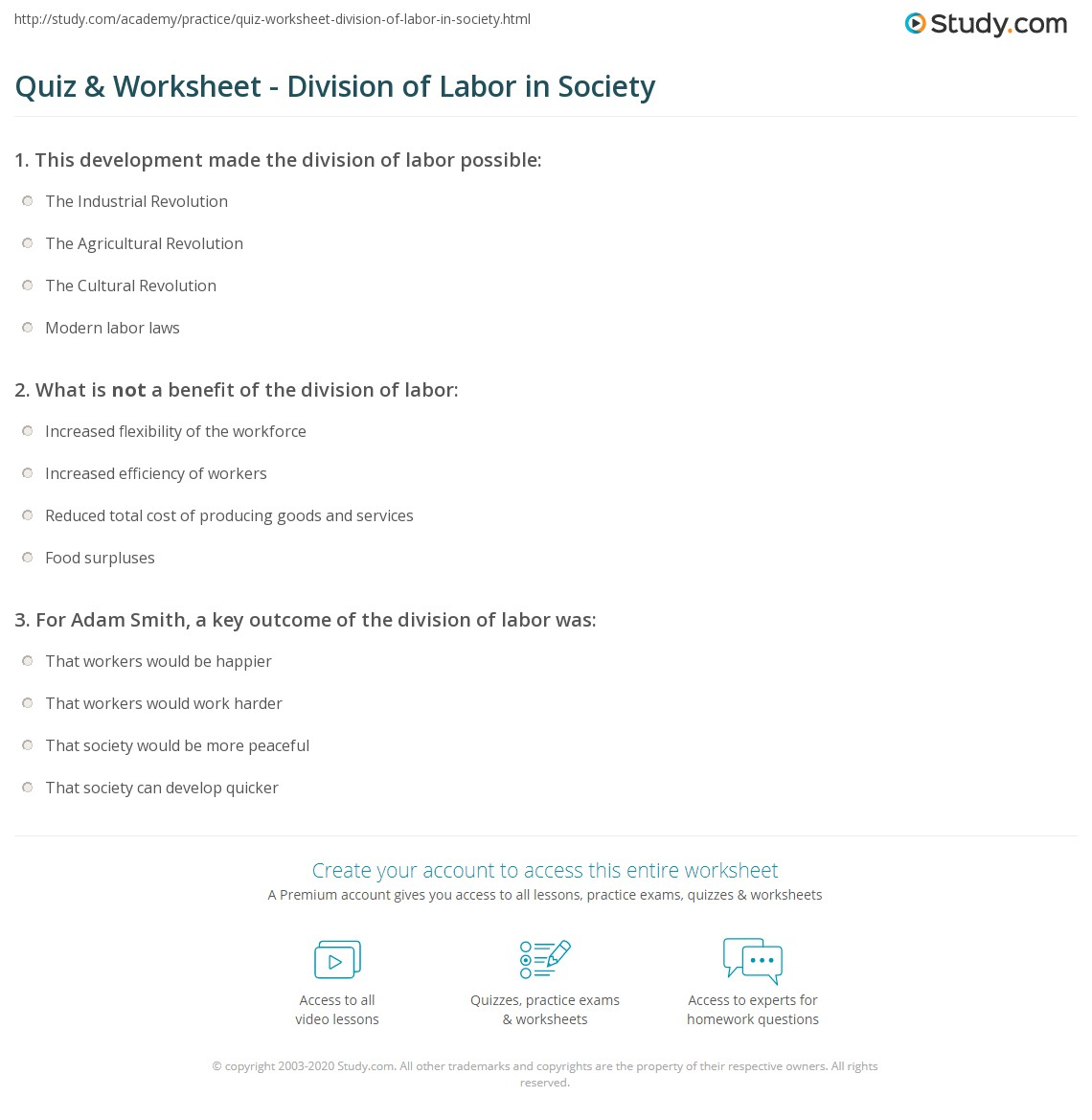 Quiz Worksheet Division Of Labor In Society Study