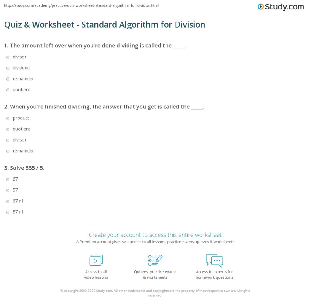 Quiz Worksheet Standard Algorithm For Division Study