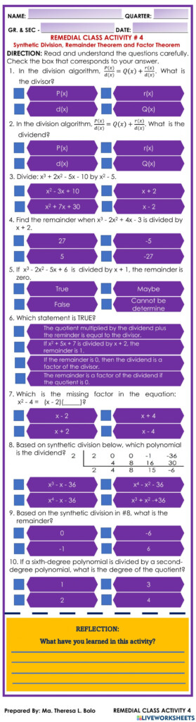 REMEDIAL ACTIVITY 4 Synthetic Division Remainder Theorem And Factor 