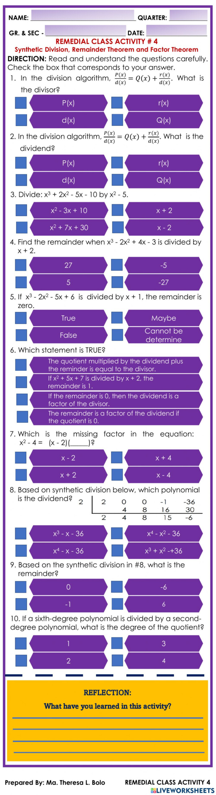 REMEDIAL ACTIVITY 4 Synthetic Division Remainder Theorem And Factor 