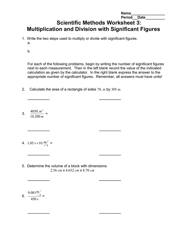 Scientific Methods Worksheet 3 Multiplication And Division With