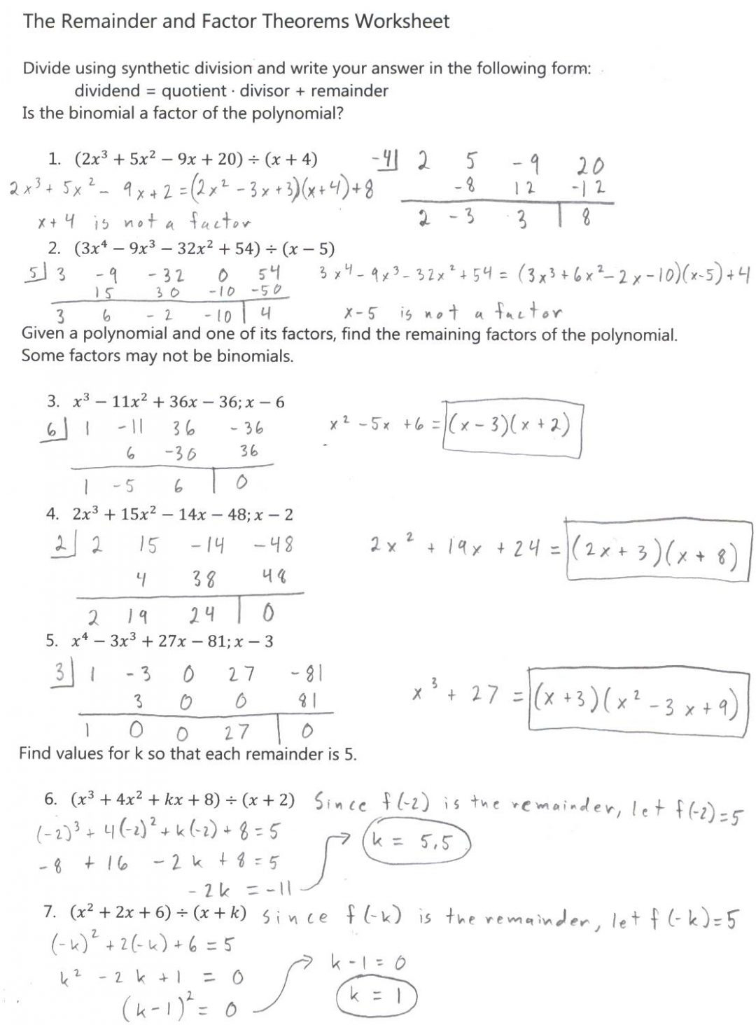 Synthetic Division Worksheet With Answers Pdf Db excel