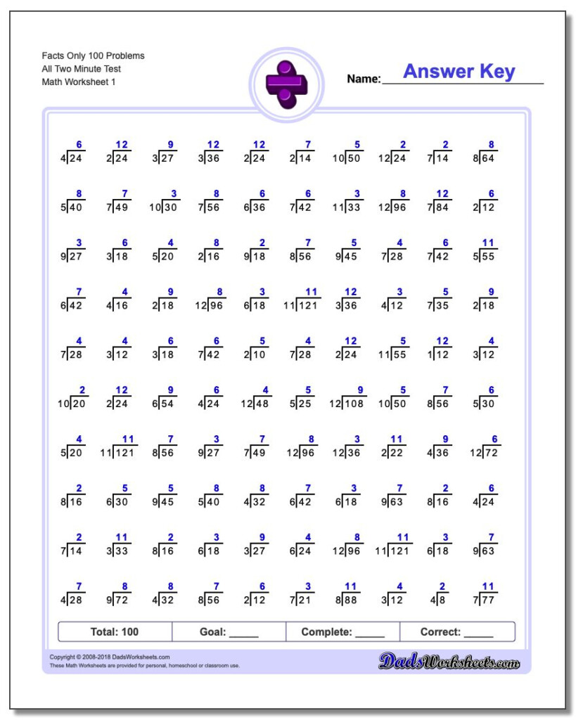 Worksheet Division Timed Test 100 Problems Grass Fedjp Worksheet 