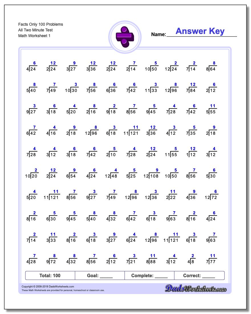 Worksheet Division Timed Test 100 Problems Grass Fedjp Worksheet 