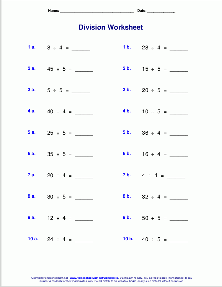 Worksheets For Basic Division Facts grades 3 4 