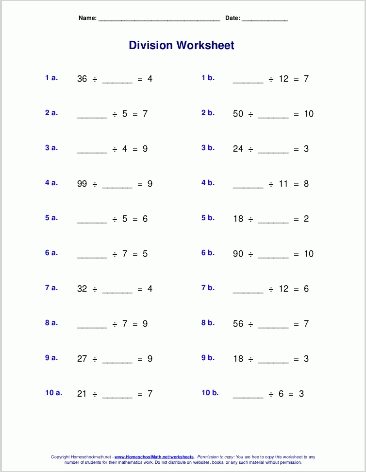 Worksheets For Basic Division Facts grades 3 4 Division Facts 