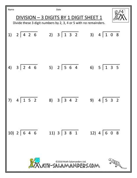 4th Grade Math Worksheets Division 3 Digits By 1 Digit 1 4th Grade 