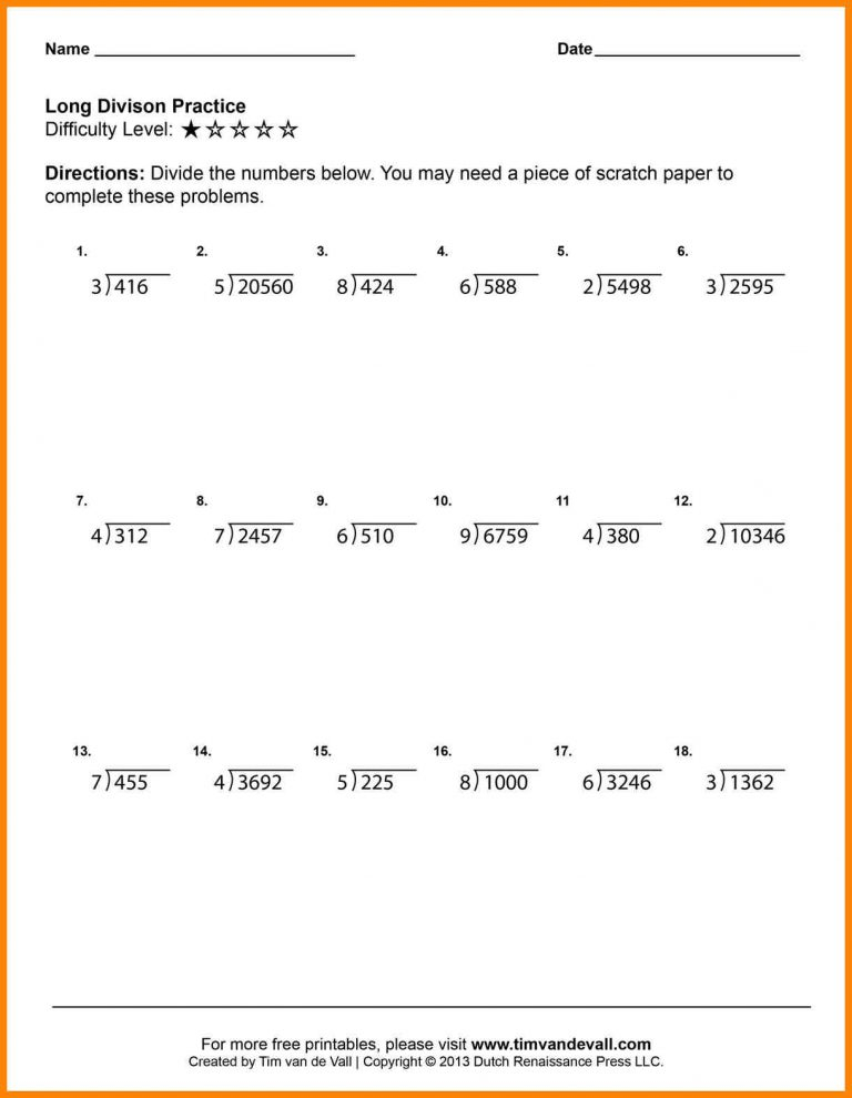 5th Grade Long Division Practice Worksheet Multiplication And