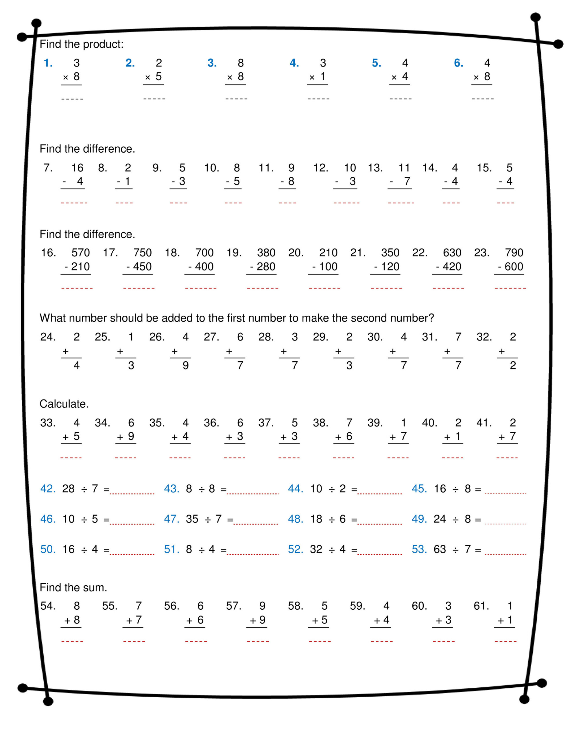 Addition Subtraction Multiplication Division Worksheets Times Tables 