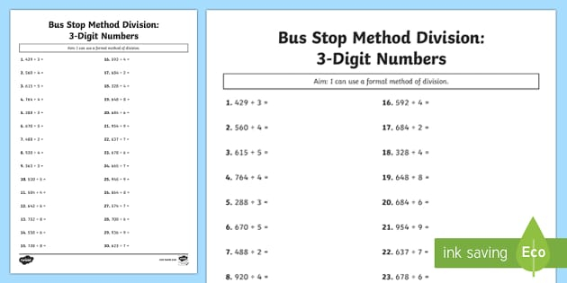 Bus Stop Method Division Of 3 Digit Numbers Worksheet