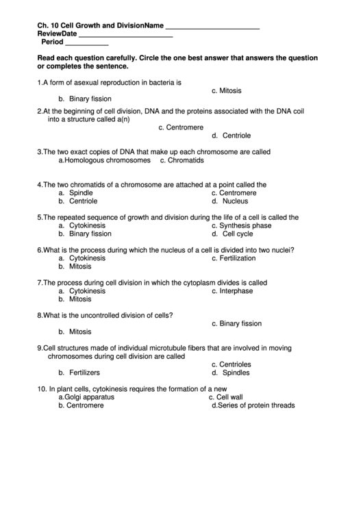 Cell Growth And Division Worksheet Printable Pdf Download