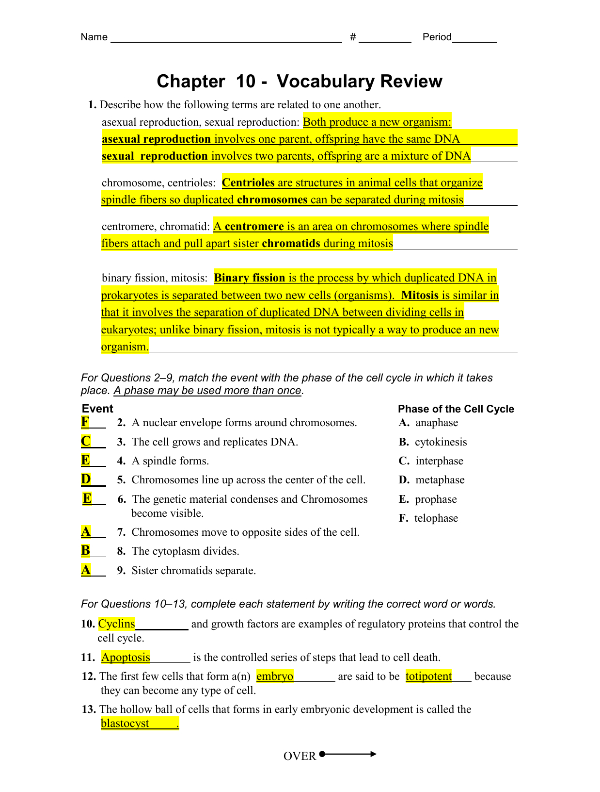 Chapter 10 Cell Growth And Division Worksheet Answer Key Db excel